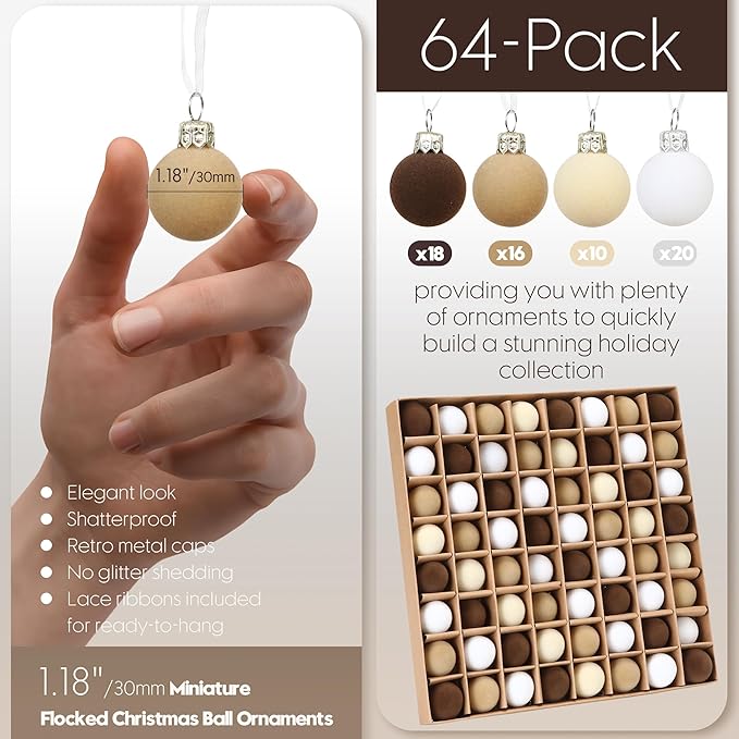 Sea Team 64-Pack Miniature Flocked Velvet Christmas Tree Ball Ornaments Set, Hanging Velour Baubles, Shatterproof Plastic Decorations for Xmas Tree, Wreath, Garland, 30mm/1.18 Inches, Baking Time