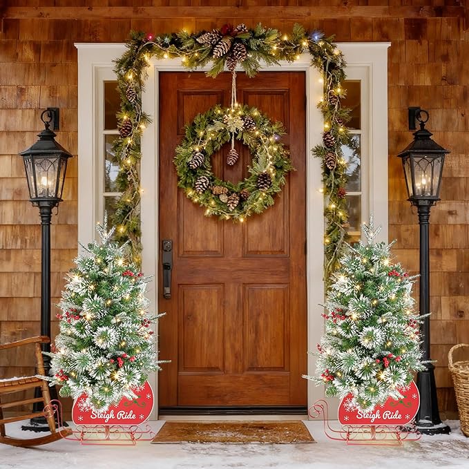 Small 3FT Pre-Lit Snow Flocked Christmas Tree with Twinkling Lights for Home Office Christmas Decor- Battery Operated & Timer (Sleigh Base)