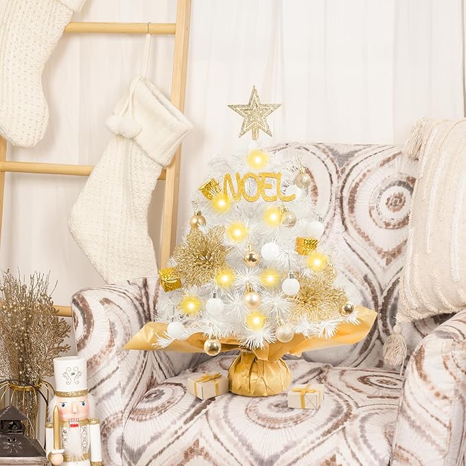 XmasExp Mini Christmas Tree with Lights White Small Christmas Tree Artificial Tabletop Xmas Decor Holiday Decoration for Home, Office, Party