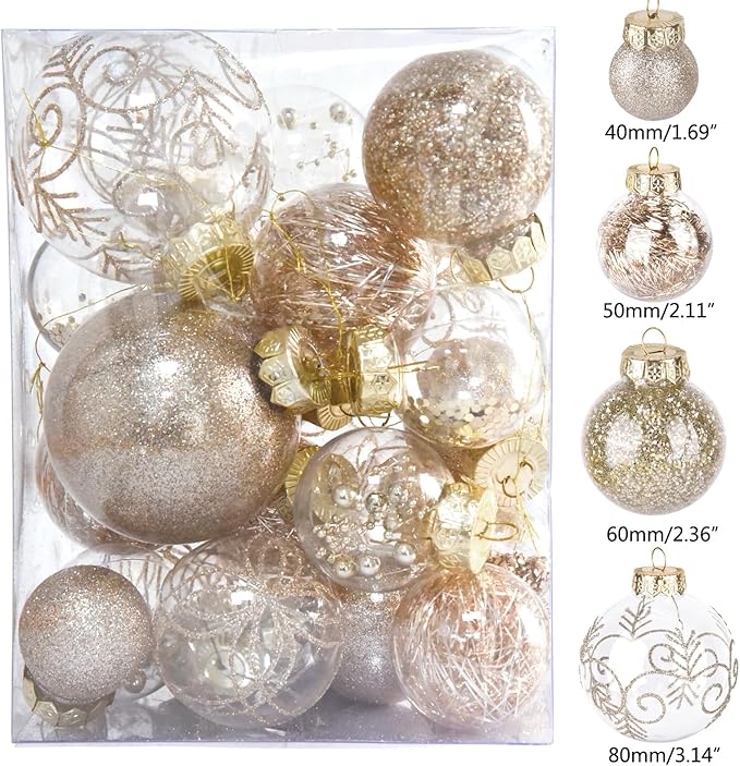 30Pcs Christmas Ball Ornaments Set - Shatterproof Plastic Christmas Tree Decorations 7 Style Christmas Decorative Hanging Ornaments Xmas Decorative Hanging Ball Ornaments for Holiday (Champagne)