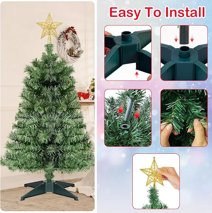 3 Ft Artificial Christmas Tree for Tabletop, Mini Xmas Tree with 4-Leg Stable Base, Small Xmas Tree for Indoor Outdoor Holiday Home Office Party Christmas Decorations (Green)