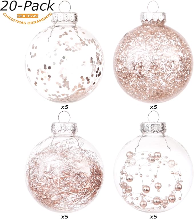 Sea Team Shatterproof Clear Plastic Christmas Ball Ornaments Decorative Xmas Balls Baubles Set with Stuffed Delicate Decorations (80mm/3.15 inch 20-Pack, Rose Gold)