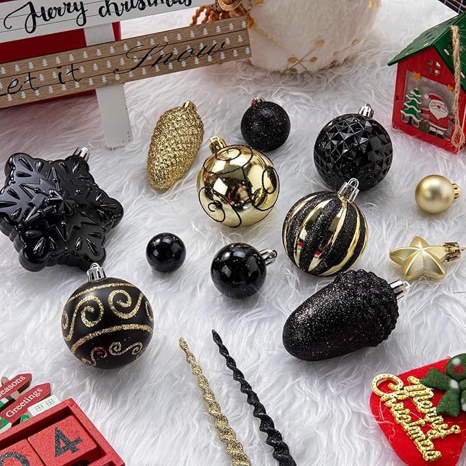 Black & Gold 110Pcs Christmas Ball Ornaments Set, Assorted Christmas Ornaments for Xmas Tree, Shatterproof Plastic Baubles Hanging Decorations for Holiday/Party/Wedding