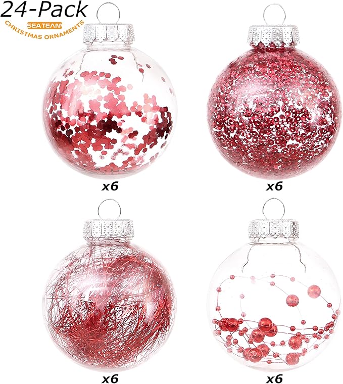 Sea Team Shatterproof Clear Plastic Christmas Ball Ornaments Decorative Xmas Balls Baubles Set with Stuffed Delicate Decorations (70mm/2.76 inch 24-Pack, Red)