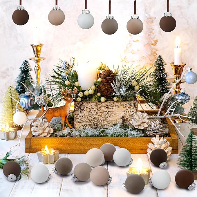 12 Pcs Neutral Matte Christmas Ball Ornaments 2.4 Inch Rustic Boho Cream Beige Tan Brown Xmas Bulbs Ornament Vintage Xmas Baubles Modern Christmas Decor for Tree Farmhouse Decor
