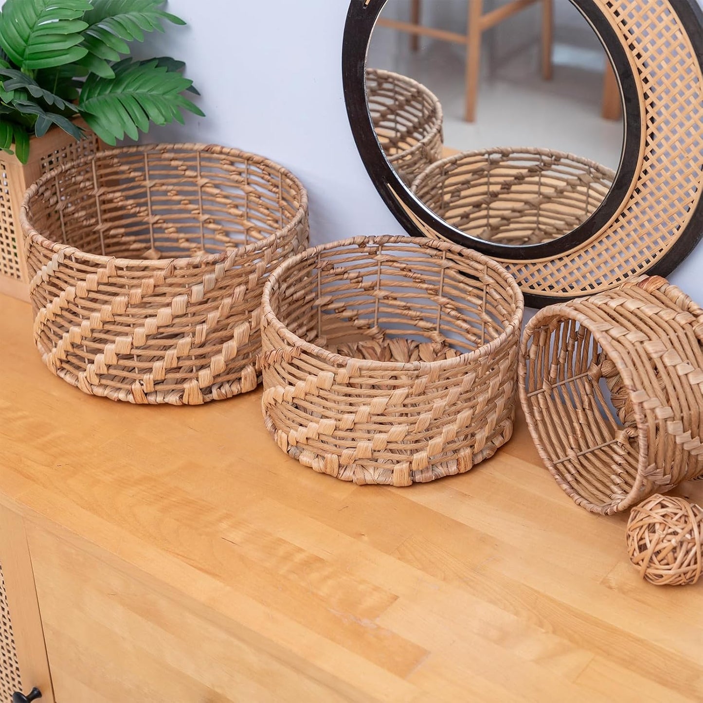 Storage Baskets Natural Weave Handwoven Round Paper Rope Hyacinth basket Stackable writing desk Organizer for Home, Eco-Friendly Woven Decor Set of 3