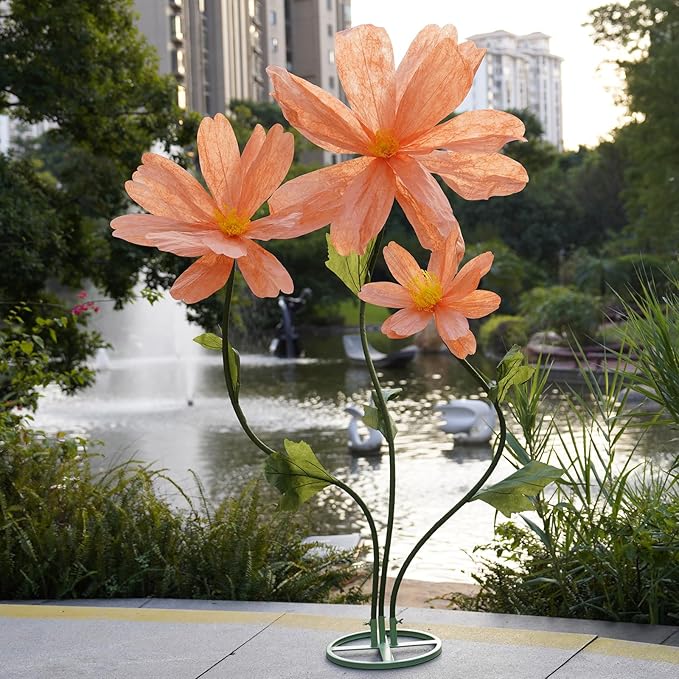 Artificial Giant Flowers for Decoration,Large Paper Daisies Flowers with Stems and Stands Base,Big Flower Decor for Wedding Birthday Party Garden, Party Banquet Background Decor (Orange)