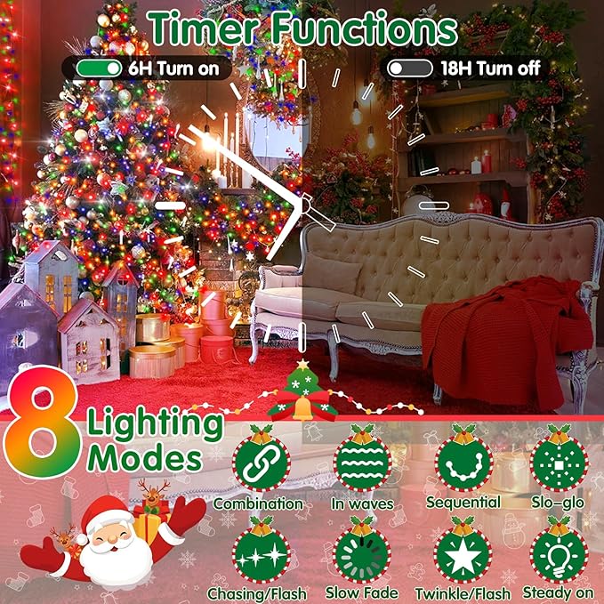 XURISEN 551FT 1400 LED Christmas Lights Outdoor Green Wire String Lights 8 Modes with Timer Memory Waterproof Fairy Light Plug in for Xmas Tree Wedding Yard Party Holiday Decorations(Multicolor)