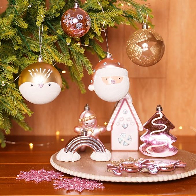 Alupssuc 65pcs Christmas Balls Ornaments Set, Shatterproof Plastic Baubles Gold Gingerbread House, and Tree Topper for Xmas Tree Holiday Wedding Party Decorations with Hanging Strings, Macaron Pink