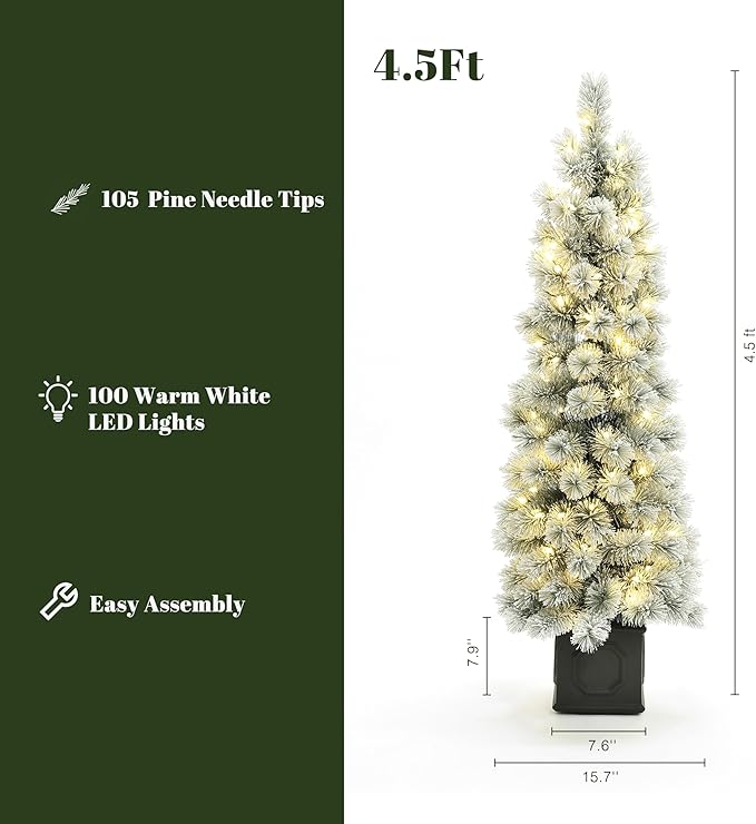 LuxenHome 4.5FT Small Potted Christmas Tree, Flocked Christmas Tree with 100 LED Lights, Prelit Artificial Xmas Trees with Pot, Lighted Pine Tree for Indoor, Outdoor Holiday Display