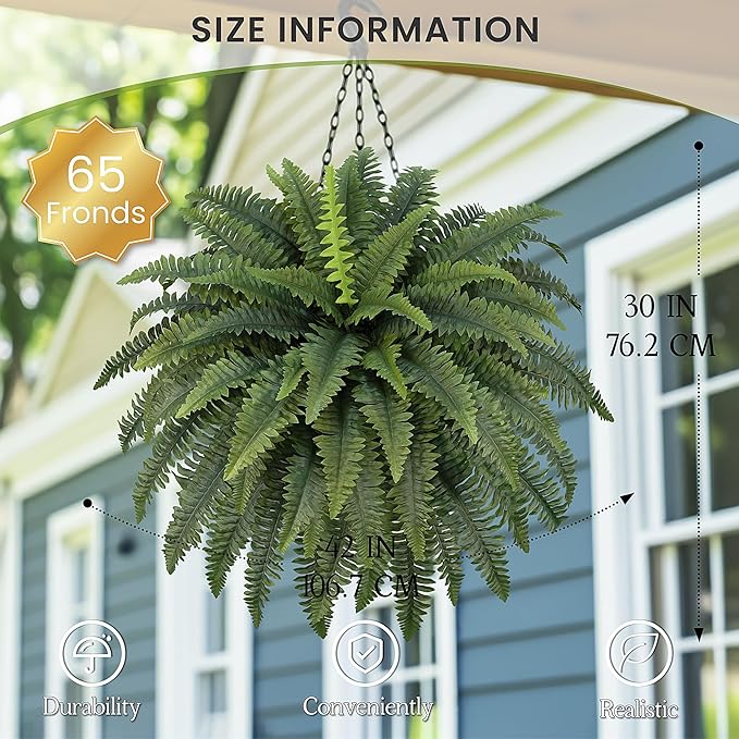 42" Artificial Boston Fern Large Bush Plants, 2 Bundles of Fake Ferns with 65 Fronds for Outdoors Home Decor