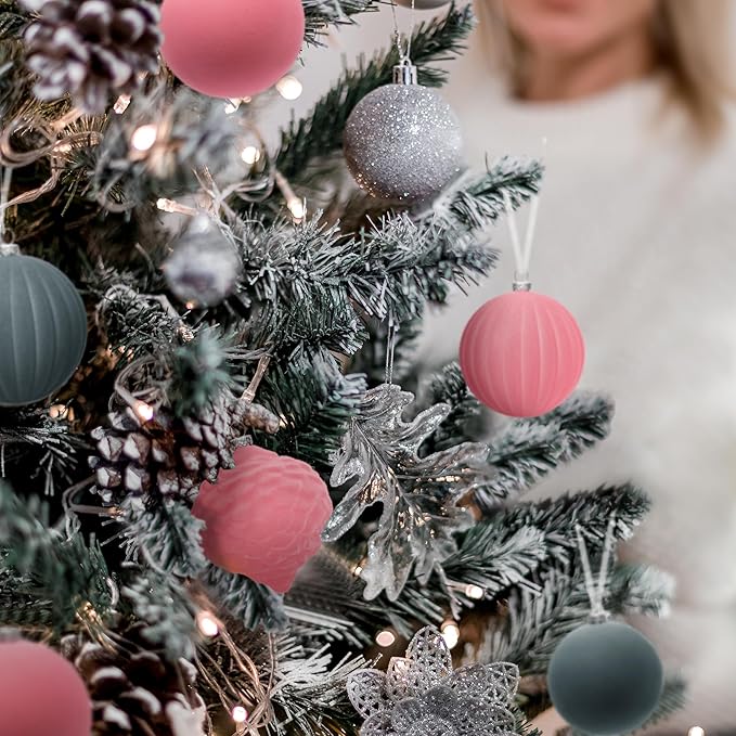 KI Store Velvet Christmas Balls Rose Pink 25pcs Flocked Christmas Tree Ornaments Assortment for Xmas Tree Holiday Decor