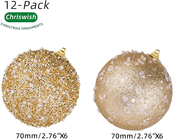 12CT Christmas Ball Ornaments, Gold Christmas Ball Decorations Shatterproof Plastic Hanging Pearl Balls for Holiday Party(70mm/2.76")