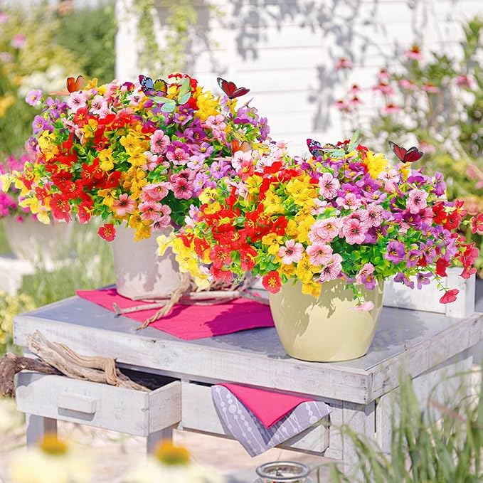 20 Bundles Artificial Flowers for Outdoors‌ with 6 Faux Butterflies, UV Resistant Fake Flowers‌ with Eucalyptus Leaves, Artificial Plants Outdoor‌ for Patio Garden Porch Home Decor (Mix 4 Colors)