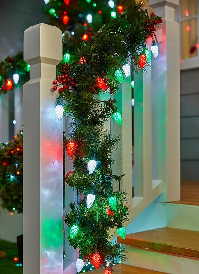 C9 LED Christmas Lights Outdoor, 81 Feet 100 LED String Lights with Timer & 8 Light Mode, Waterproof Connectable Christmas Tree Lights for Outside Indoor Roofline Patio Decor, Red, Green & Pure White