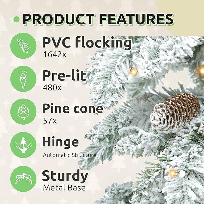GOOBED 9ft Pre-Lit Flocked Drooping Pencil Spruce Christmas Tree with Pine Cones, Layered Spruce Design with Remote, 1642 Branch Tips and 480 Lights for Home or Office, White Flocking