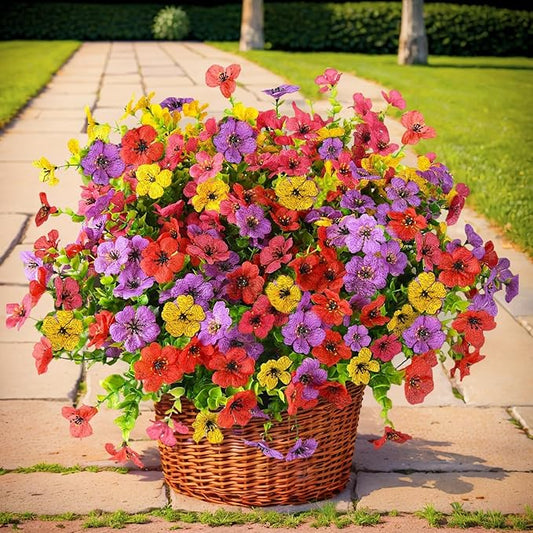 SHIAWASENA Realistic Outdoor Fake Plants Flowers, Artificial Flowers, UV Resistant, 12 Bundles Faux Silk Colorful Violet Flowers Bouquet with Eucalyptus (Rose Red & Yellow & Red & Purple)