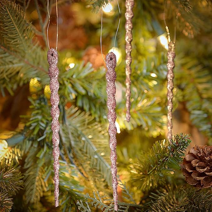 AMS Sparkling Glitter Plastic Icicle Ornaments 30 PCS Twisted Icicles Decoration Christmas Tree and Holiday Xmas Party Hanging (5.1'', Pink)