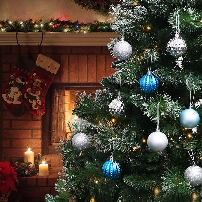 45Pcs 6cm/2.36inch Christmas Balls Glitter Ornaments Set, Shatterproof Plastic Xmas Tree Hanging Ornament, Christmas Decorations Balls for Holiday Festival Wedding House Bar Party(Blue/Silver)