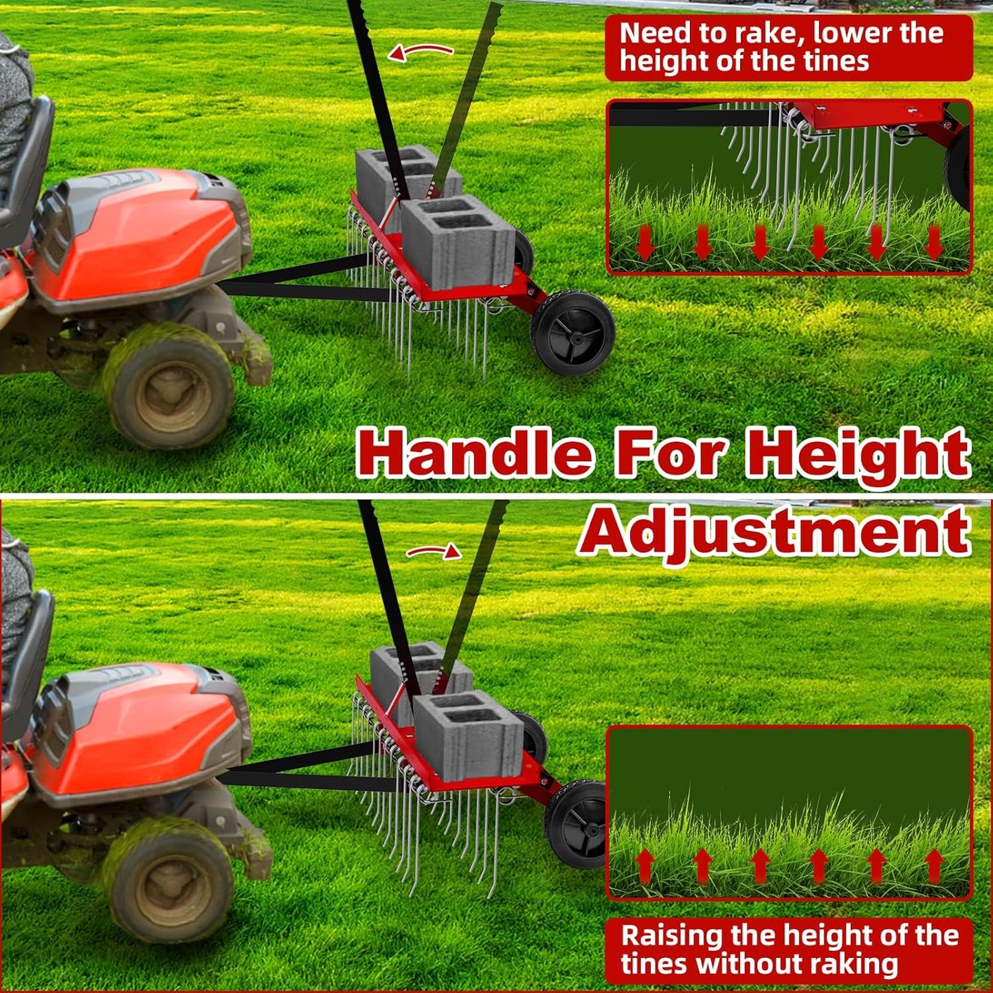 48inch Tow Behind Dethatcher with 24 Spring Steel Tines, Lawn Tractor Rakes with Lift Handle, Tow Behind Rake to Remove Thatch, Riding Lawn Mower Attachments for Outdoor Yard Tools Lawn Care
