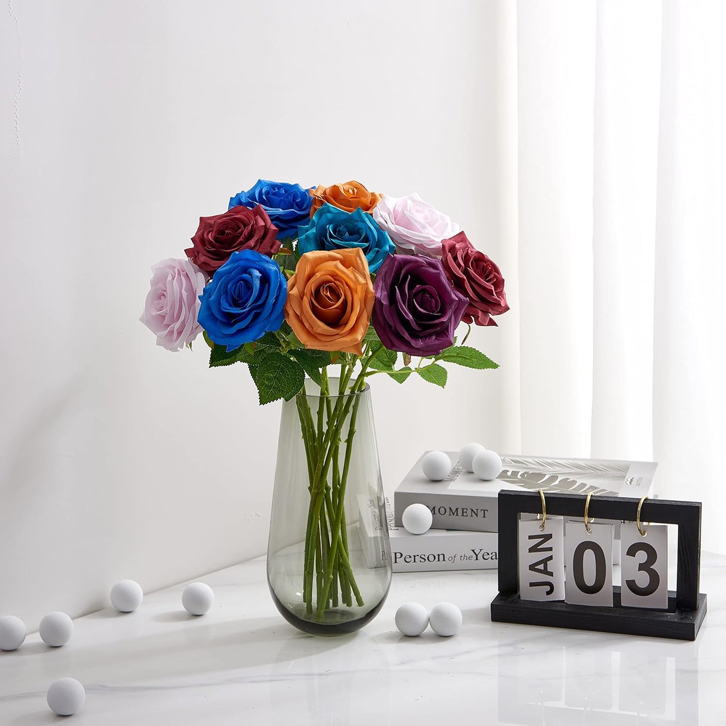 Artificial Rose 10pcs Open Flower Bouquet Faux Rose Stems for Wedding Arrangement, Bridal Bouquet, Centerpiece, Fake Faux Silk Flowers (Blue)