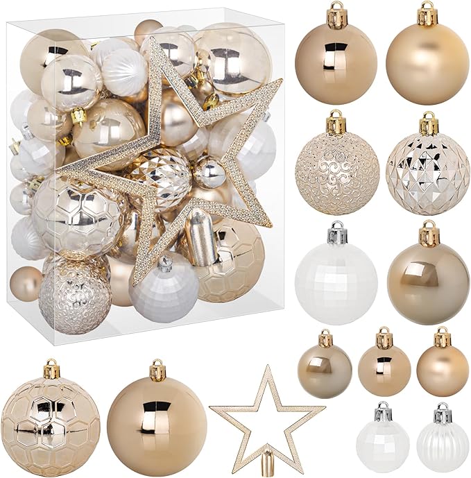 TranquilBliss 50 Pcs Christmas Ornaments Set with Strings, Christmas Ball Ornaments Set with Hanging Strings, Shatterproof Christmas Decorations Ornaments for Xmas Tree (Deep Champagne)