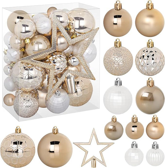 TranquilBliss 50 Pcs Christmas Ornaments Set with Strings, Christmas Ball Ornaments Set with Hanging Strings, Shatterproof Christmas Decorations Ornaments for Xmas Tree (Deep Champagne)