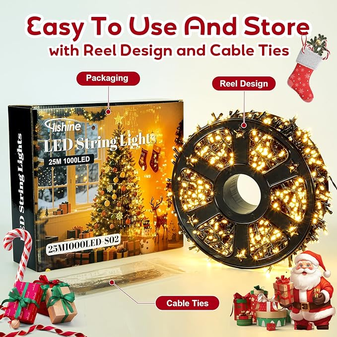 Hishine 82FT 1000LED Christmas Lights, String Lights Indoor Outdoor 8 Modes Waterproof Plug in Christmas Tree Light for Holiday, Warm White