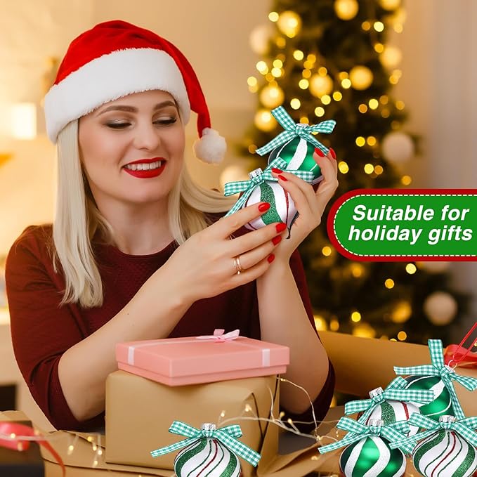 Syhood 24 Pcs Christmas Tree Ornaments, Christmas Ball Decorations Set, Shatterproof Baubles Xmas Tree Hanging Decor, Peppermint Candy Ball Red White Green Stripes Party Holiday(Cute,2.36 Inches)