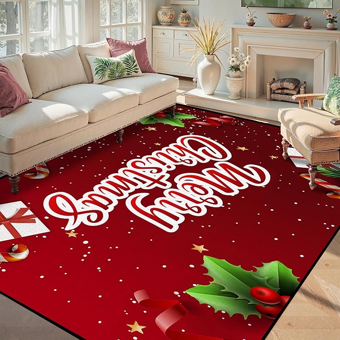 5' X 7' Christmas Rug Merry Xmas Door Mat Non-Slip Indoor Outdoor Front Door Doormat Living Room Bedroom Entrance Rug Happy Xmas Home Festive Decoration
