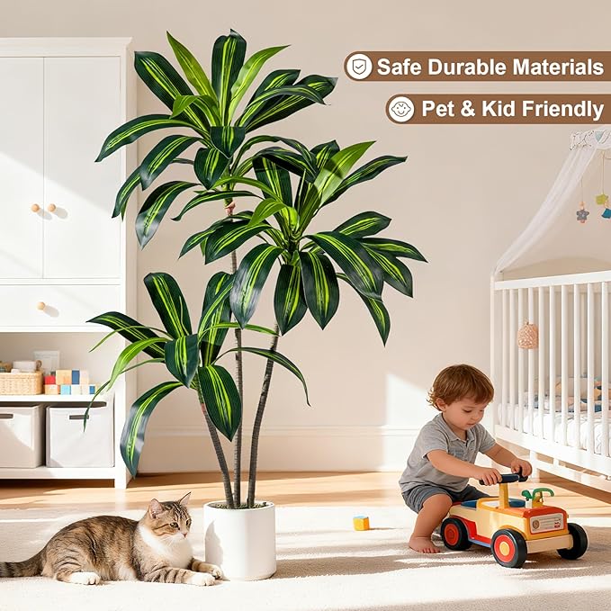 Artificial Dracaena Plant 4FT - Realistic Fake Dracaena Tree Tall Large Faux Silk Plants Fake Floor Potted Artificial Plants for Home Decor, Office Plants