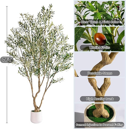 7ft Faux Olive Tree with Pot & Moss Artificial Olive Plant Fake Olive Tree for Home Decor, Large Indoor Artificial Trees Faux Plants Indoor Durable Artificial Trees for Living Room/Office