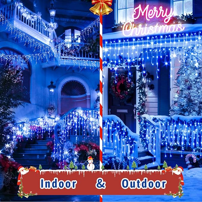 JXLEDAYY 65 FT 640 LED Christmas Lights Outdoor Decorations Clear Wire String Lights Plug in 120 Drops 8 Modes Memory Timer Connectable Curtain Fairy Lights Waterproof for Holiday Wedding Party-Blue