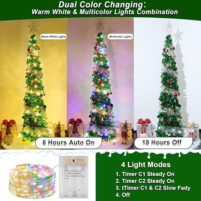 5FT Pop Up Christmas Tree with Timer 60 Warm White & Multi Color Fairy Light 3D Star 15 Ball Ornament, Green Sliver Tinsel Christmas Tree Slim Pencil Xmas Tree Home Office Holiday Decor Indoor Outdoor