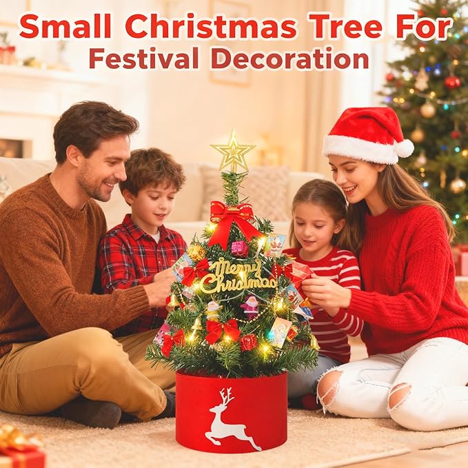 2FT Mini Christmas Tree with Lights, Pre-Lit Artificial Christmas Tree with Tree Skirt & Star Topper, Green Tabletop Xmas Tree for Home, Office, Bedroom, Party Decor (Battery Not Included)