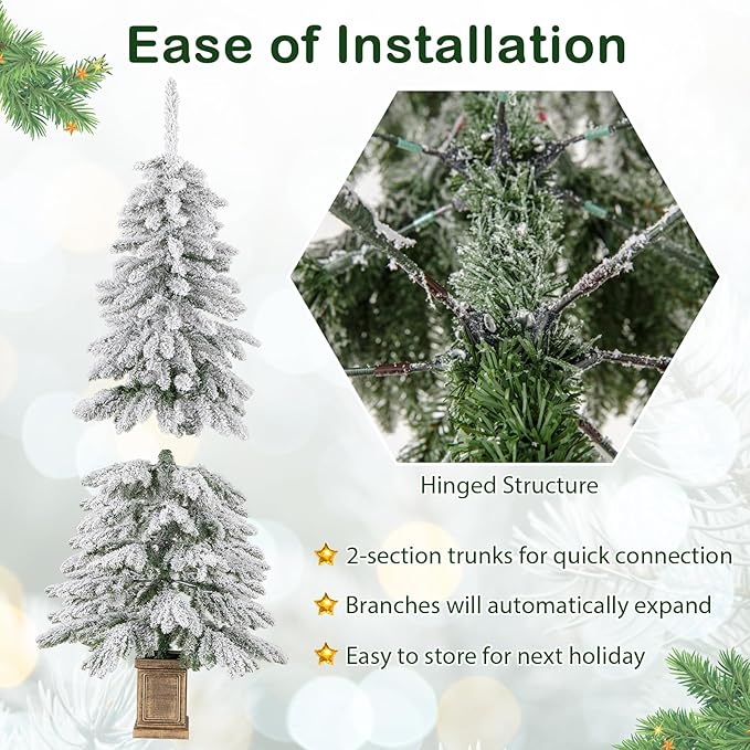 GOFLAME 6FT Potted Artificial Christmas Tree, Snow Flocked Xmas Tree with 589 Branch Tips, 48 Decorative Balls & Vintage Flowerpot, Hinged Holiday Decoration Tree for Home Party Entrance