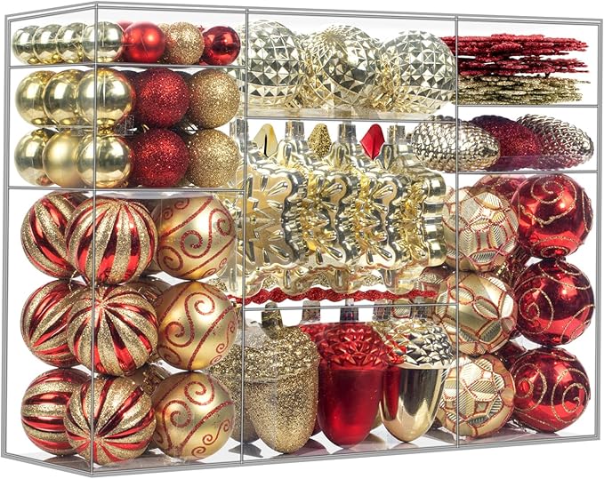 110Pcs Christmas Ball Ornaments Set, Assorted Red and Gold Christmas Ornaments for Xmas Tree, Shatterproof Plastic Baubles Hanging Decorations for Holiday/Party/Wedding