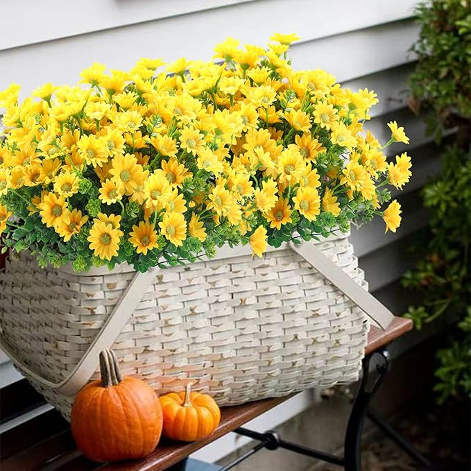 10pcs Outdoors Artificial Mum Flowers UV Resistant Daisy Fake Silk Chrysanthemum Greenery Faux Eucalyptus Plants for Spring Summer Garden Patio Window Box Planter Home Decor(Yellow)