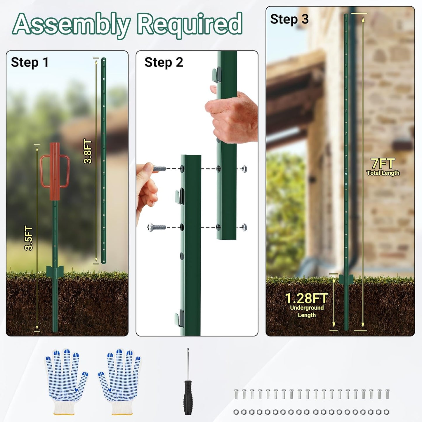 Metal Fence Posts 7 Ft, Assembly Required, Upgraded and Thickened, Green, 8 PCS