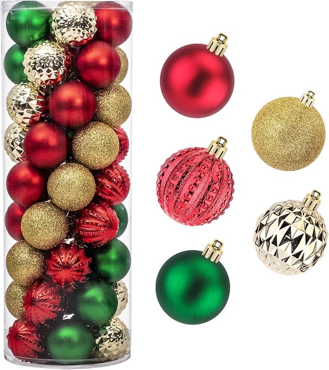 45Pcs 6cm/2.36inch Christmas Balls Glitter Ornaments Set, Shatterproof Plastic Xmas Tree Hanging Ornament, Christmas Decorations Balls for Holiday Festival Wedding House Bar Party(Red/Gold/Green)