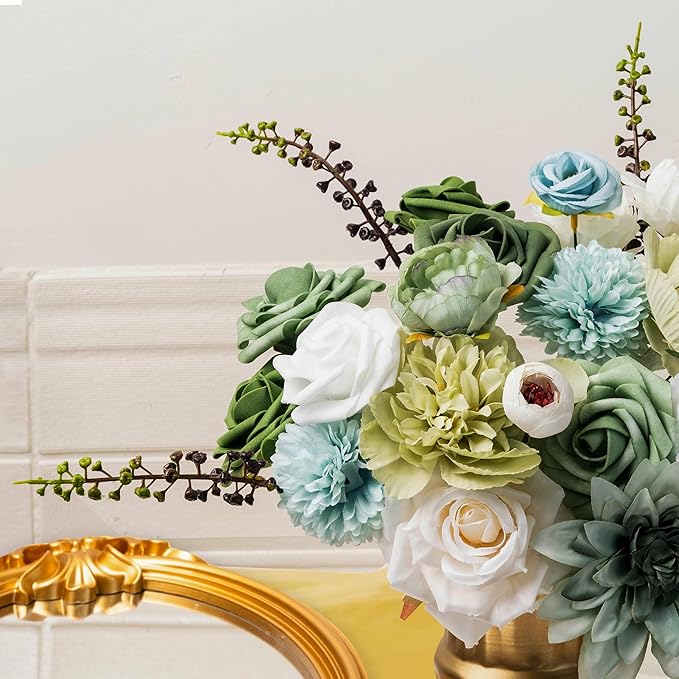 30 Pcs Artificial Flowers Combo Green Flowers Mix Silk Flowers Dahlia Roses with Stems for DIY Wedding Bridal Bouquets, Baby Shower, Floral Arrangement, Table Centerpieces, Home Decorations.