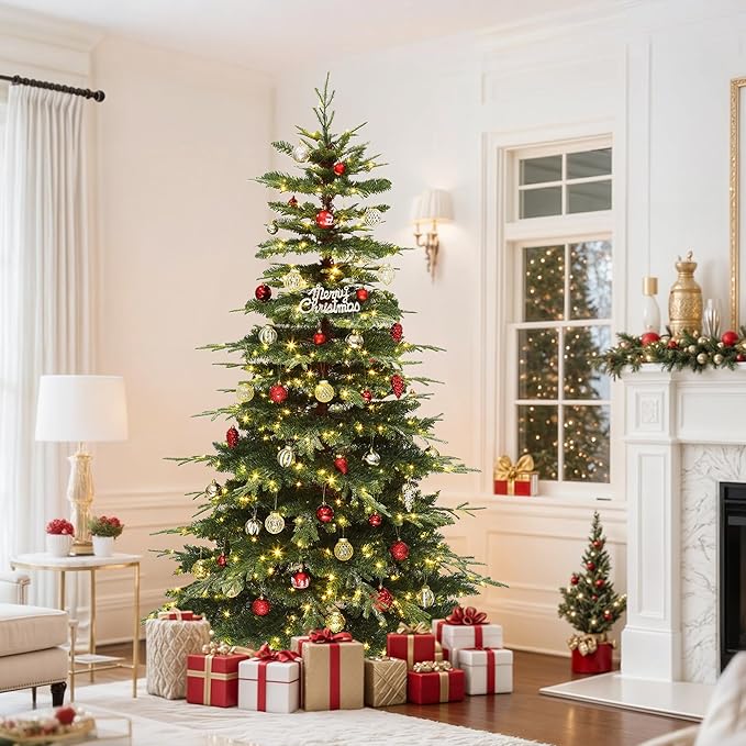 GOOBED Prelit Aspen Fir Christmas Tree 7.5ft with Remote Control, Pre-lit Hinged Xmas Tree with Glittering Diamond Tips, Holiday Decor for Holidays, Parties, Green