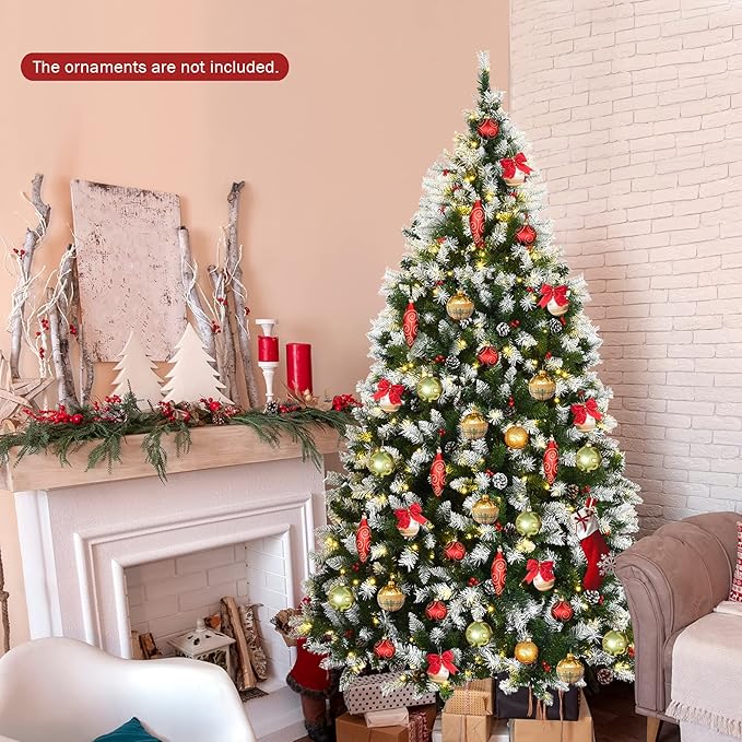 Happygrill 7.5ft Pre-lit Snowy Christmas Tree with 550 Warm White LED Lights & 1398 PVC Tips, 8 Lighting Modes, Hinged Artificial Tree for Residential Commercial Use