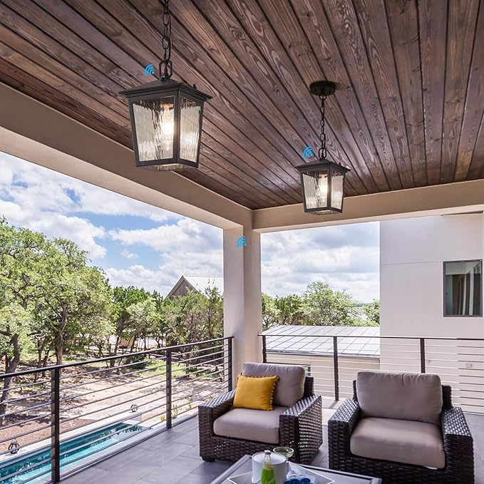 Outdoor Pendant Light, Black Outdoor Porch Light fixtures with Dusk to Dawn Sensor, Exterior Hanging Lantern Height Adjustable Outside Chandelier with Water Glass for House Patio Garage