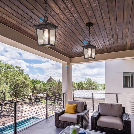 Outdoor Pendant Light, Black Outdoor Porch Light fixtures with Dusk to Dawn Sensor, Exterior Hanging Lantern Height Adjustable Outside Chandelier with Water Glass for House Patio Garage