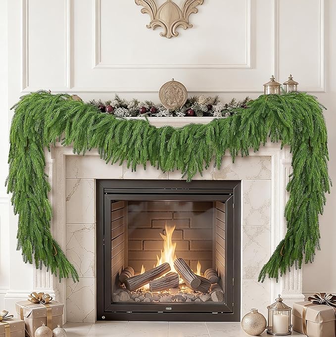 2Pcs 6FT Christmas Garland Real Touch Norfolk Pine Garlands, Artificial Faux Greenery Garland for Decorations Indoor, Pine Garland for Mantle, Fireplace, Wall, Mantle, Holiday Decor