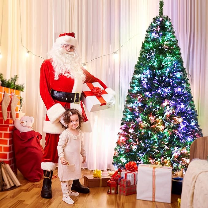 HAPPYGRILL 7FT Pre-lit Fiber Optic Christmas Tree, Artificial Xmas Tree Spruce Tree Green Tree with Metal Stand, 820 Branch Tips, Full Tree for Holiday Decoration