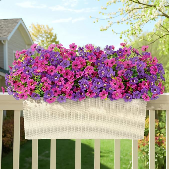 Lifewit Artificial Flowers for Outdoor Indoor, 24 Bundles Plastic Fake Flowers Daisy with Eucalyptus Leaves for Home Garden Decor, Porch, Window Box(Mix for Fuchsia Purple)