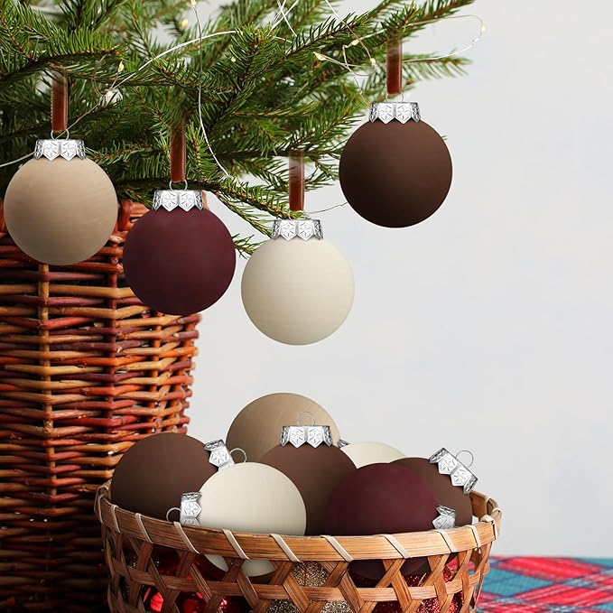 12 Pcs Neutral Matte Christmas Ball Ornaments 2.4 Inch Rustic Boho Burgundy Brown Camel Cream Xmas Bulbs Ornament Vintage Xmas Baubles Modern Christmas Decor for Tree Farmhouse Decor