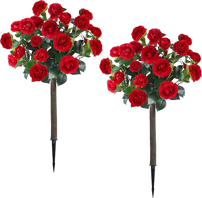 Sunnyglade 35.5" Set of 2 Artificial Camellia Tree, Faux Red Camellia Flowers Plant with Spike Fake Silk Flora Topiary Plants Tree for Indoor, Garden, Yard, Porch, Patio Decoration (Red)